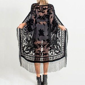 Open Front Fringed Floral Velvet Burnout Kimono